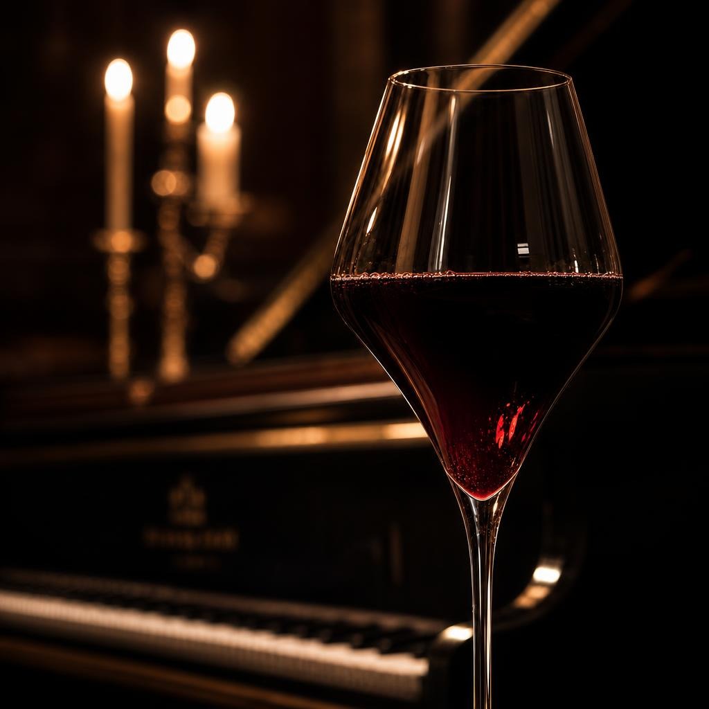Glas Rotwein im Kerzenlicht vor einem Flügel im Dining Room des La Rosa